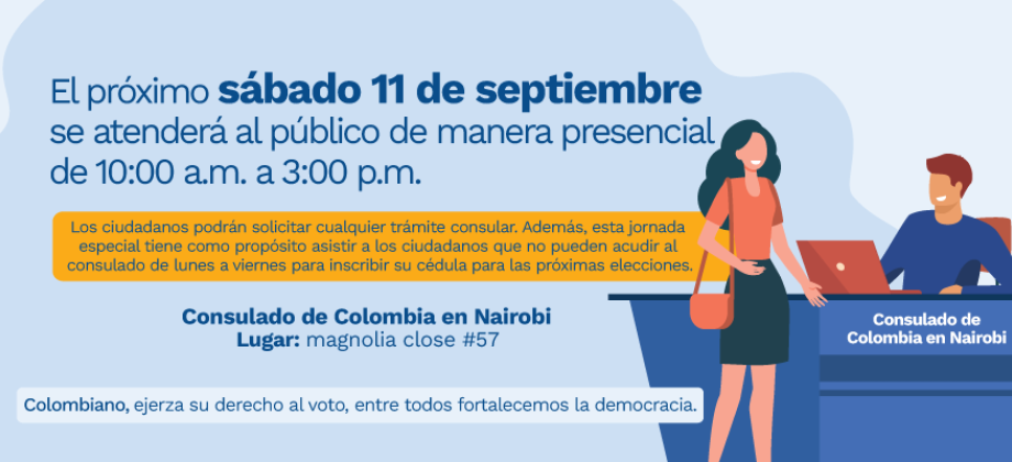 Consulado de Colombia en Nairobi atenderá al público de manera presencia el sábado 11 de septiembre de 2021